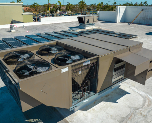 External unit of commercial air conditioning and ventilation system installed on industrial building roof