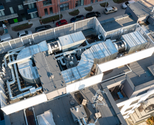 Ventilation and air conditioning system on the roof, birds eye view